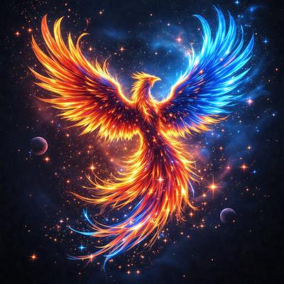 The primary subject of the image is a bird, specifically a peacock, with a vibrant and colorful plumage. The bird is surrounded by a beautiful and colorful background, which includes a blue and orange starry sky. The visual style of the image is digital art, as it is a well-crafted and detailed illustration. The colors and mood of the image are lively and energetic, with the vibrant colors of the bird and the starry sky creating a sense of wonder and beauty